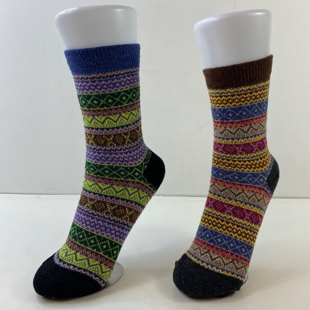 Womens Crew Socks Set 2 Fair Isle Nordic Pattern Blue Brown Yellow Orange Green